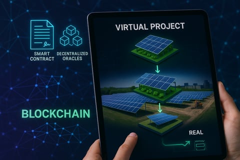 Close-up of a hand holding a tablet with a blockchain interface and virtual project elements display