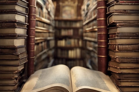 Libro abierto al frente de densa biblioteca antígüa.