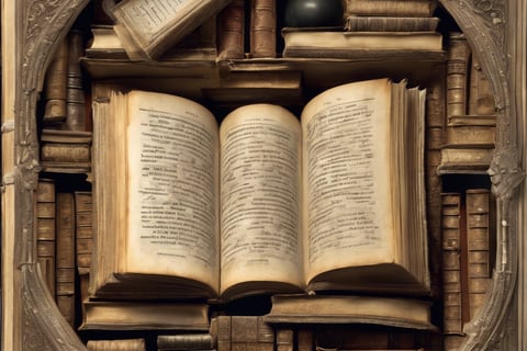 Libros abiertos y superpuestos, sobre fondo de biblioteca antigua.