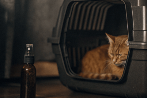 a cat in a carrier with a bottle of essential oils