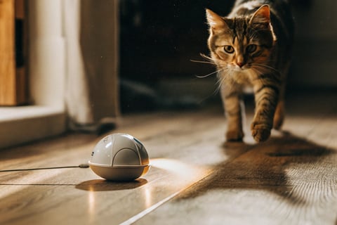 A playful cat following a motion-activated toy mouse.