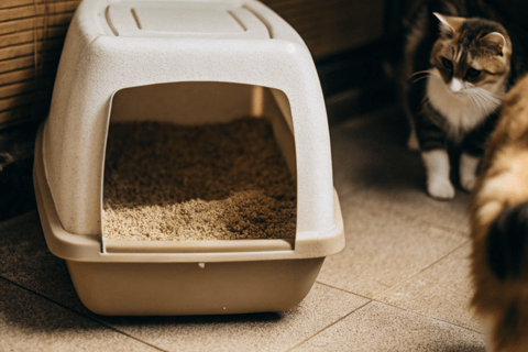 a cat is standing next to a cat in a litter can