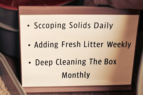 A cleaning routine checklist for maintaining a cat’s litter box.