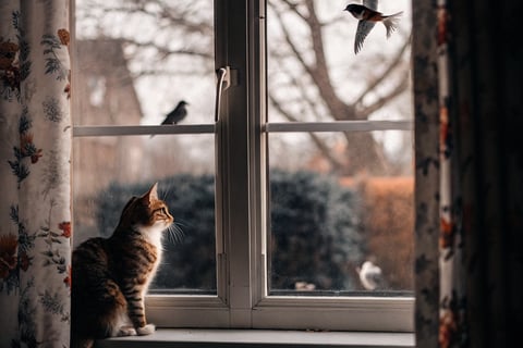 A curious cat chirping while watching birds outside the window.