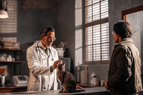 A vet advising a cat owner about choosing the right diet.