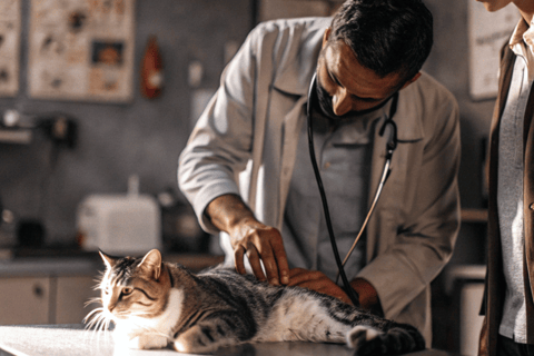 A vet gently examining a calm cat on the table, with the owner nearby.