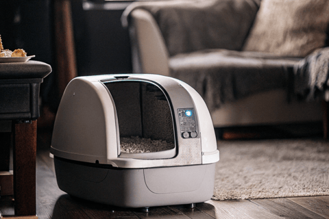 A modern self-cleaning litter box operating in a home setting.