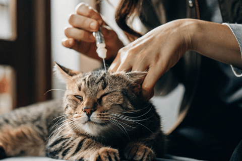 A person gently massaging a cat’s ear during cleaning.