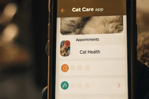A mobile app interface showing a cat’s feeding schedule and health data.