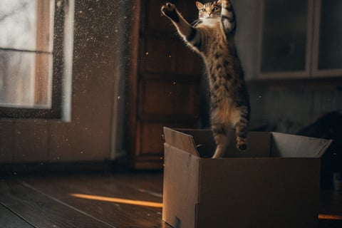 A playful cat jumping into a cardboard box.