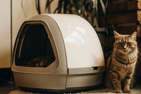 A self-cleaning smart litter box placed in a modern home.