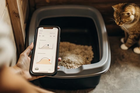 A smartphone app displaying real-time data from a connected smart litter box.