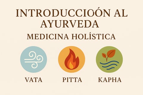 Imagen de portada para video sobre Introducción al Ayurveda, con los nombres de los doshas Vata, Pitta y Kapha y l
