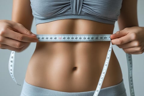 Person measuring waist with tape measure showing weight loss progress
