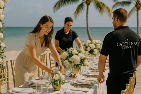 Elegant event setup with luxury floral arrangements and tropical outdoor ambiance, representing the beginning of Las Carolina