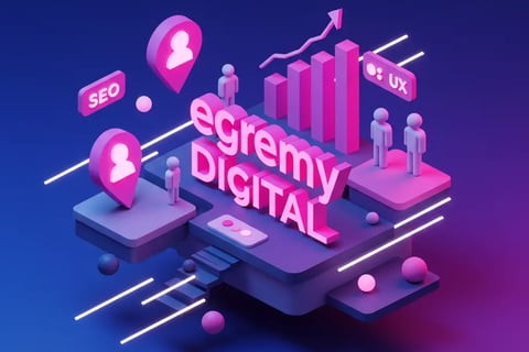 Ilustración isométrica 3D Egremy Digital con gráfico de barras, iconos SEO y UX y marcadores de usuarios.