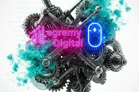 Engranajes metálicos con efecto de polvo turquesa y logotipo Egremy Digital en neón, representa automatización de marketing d