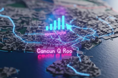 Mapa 3D de Cancún, Quintana Roo, con redes de datos iluminadas y logo Egremy Digital, simboliza analítica de marketing digita