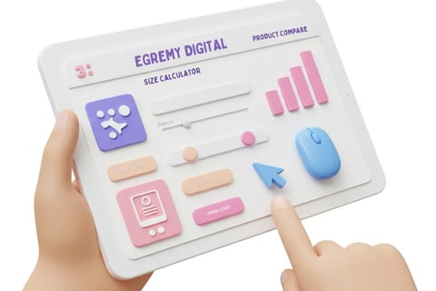 Manos sosteniendo una tablet con interfaz Egremy Digital: calculadora de tamaño, comparador de productos y controles deslizan