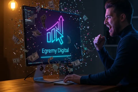 Hombre celebrando ante monitor Egremy Digital con gráficos de crecimiento, confeti y billetes, representa máquina de ventas d