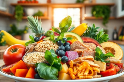 A vibrant and colorful display of various nutritious foods arranged in a balanced plate, featuring f