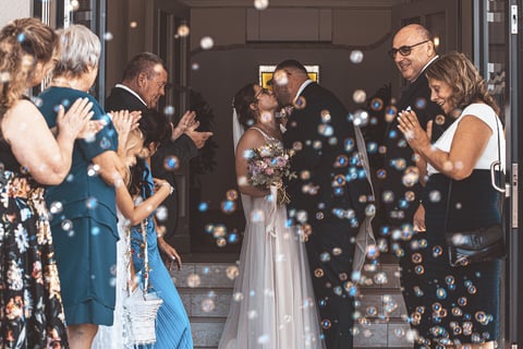 a bride and groomsmid are standing in front of a wedding party