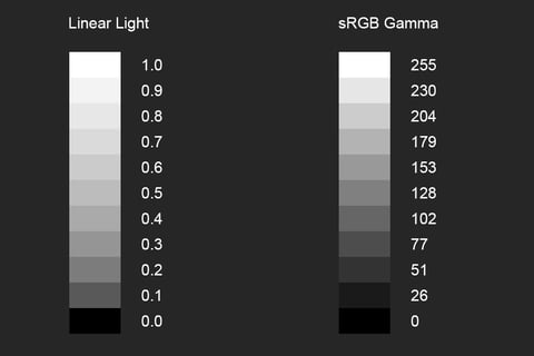 An image showing how brightness varies in linear space vs gamma space