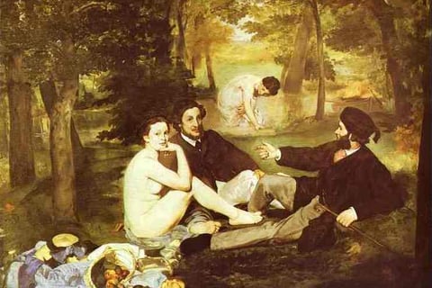 a painting of a group of people sitting on a blanket