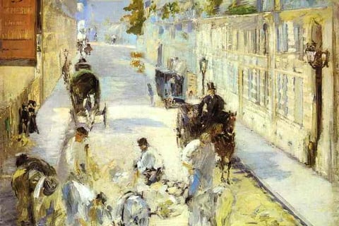 a painting of a horse drawn carriage drawn down a street