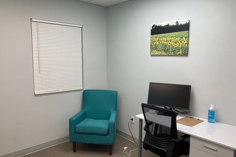 Office with office chair and desk with sunflower wall art