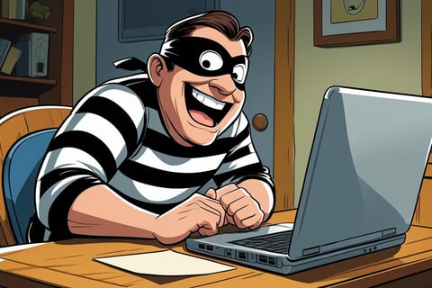 a cartoonish looking man in a striped shirt and a mask