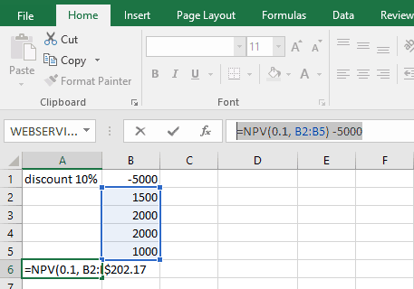 screen shot show net present value formula