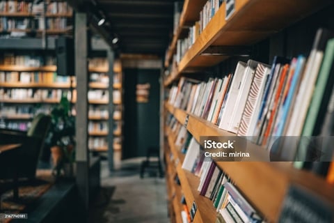 a book shelf with books and a plant in the foreground
