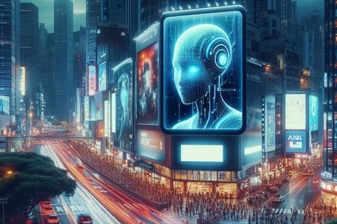 a city street scene with a large billboard showing a head of a person