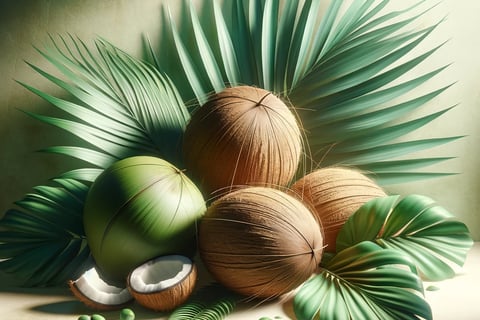 a bunch of coconuts and palm leaves
