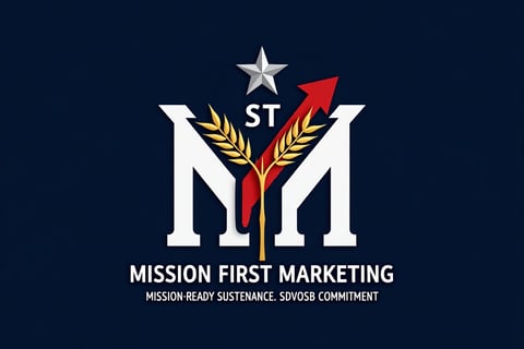 Mission First Marketing logo with "MM", wheat as "1", red arrow, star, and patriotic-agricultural theme, dark blue backgroun