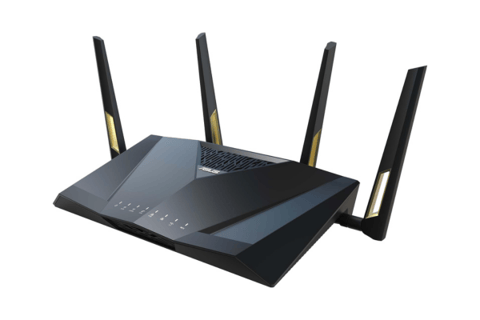  ASUS RT-AX88U Pro WiFi 6 router with gold accents and 8 LAN ports, shown at an angle on a dark back