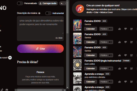 Tela de criação de música no Suno