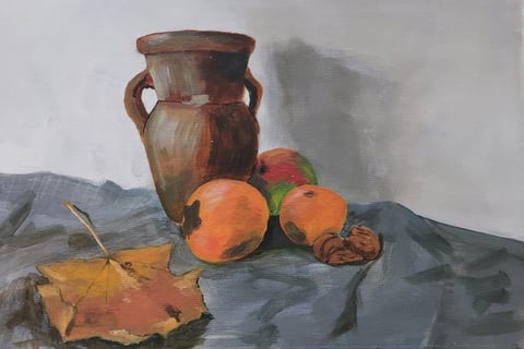 Stil leven met esdoorn blad, acryl op papier