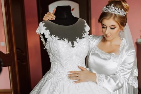 femme tient une robe de mariée sur un mannequin