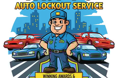Fast T's Lockout Service van with a locksmith in front of it holding a sign that says Fast T's Auto Lockout Service