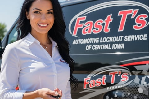 Brunette woman with her retrieved keys, standing in front of a service truck that says Fast T's Auto Lockout of central Iowa