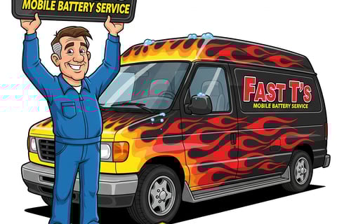 Fast T's Battery Technician cartoon holding a sign that says Fast T's Mobile Battery Service in front of battery service van