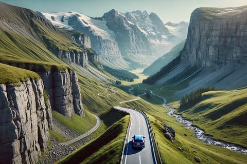 Voici une image réaliste d'une voiture vue de loin sur une route sinueuse de montagne dans les Alpes suisses, mettant en vale