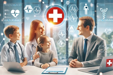 illustrant une famille suisse discutant de leur assurance maladie avec un conseiller, dans un cadre professionnel et rassuran