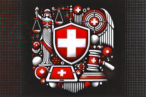 avec une touche suisse et des couleurs rouges et blanches. Elle symbolise la protection juridique tout en évoquant un sentime