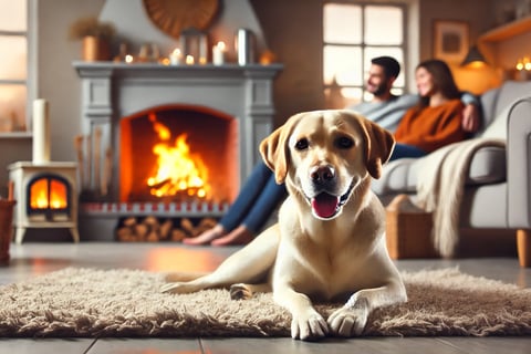 mettant en scène un chien dans un cadre chaleureux et accueillant. L'accent est mis sur la sécurité et le confort, parfait po
