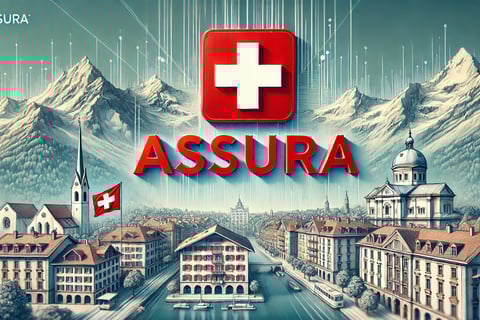 Voici une image mettant en avant le logo Assura en rouge, placé dans un cadre suisse typique avec les Alpes, un drapeau suiss