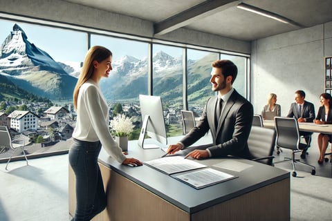 Voici une image illustrant une scène professionnelle dans un bureau suisse moderne, avec une ambiance accueillante et une vue