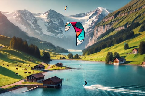 Voici une illustration capturant l'énergie du kitesurf dans un cadre suisse alpin. On y voit un kitesurfeur glissant sur un l